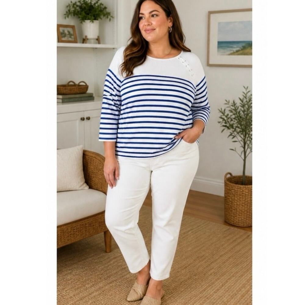 Lauren Ralph Lauren XL Striped Top Blue White  Nautical Ribbed 3/4 Sleeve